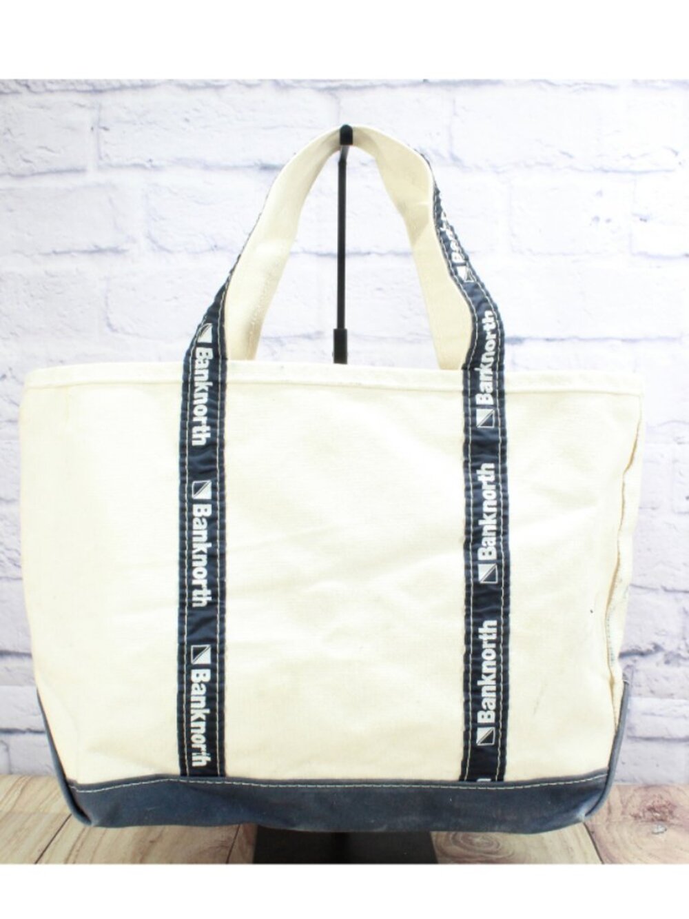 Vtg LL Bean Boat and Tote Bank North Logo Cream Navy Canvas Tote Bag Distressed